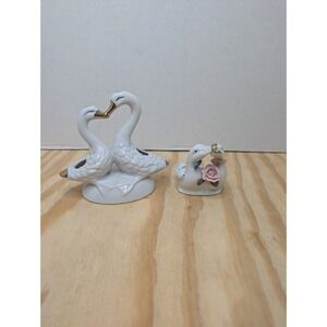 Vintage Porcelain Swan Figurines Gold Trim Pink Rose Bow Pair White Birds Decor